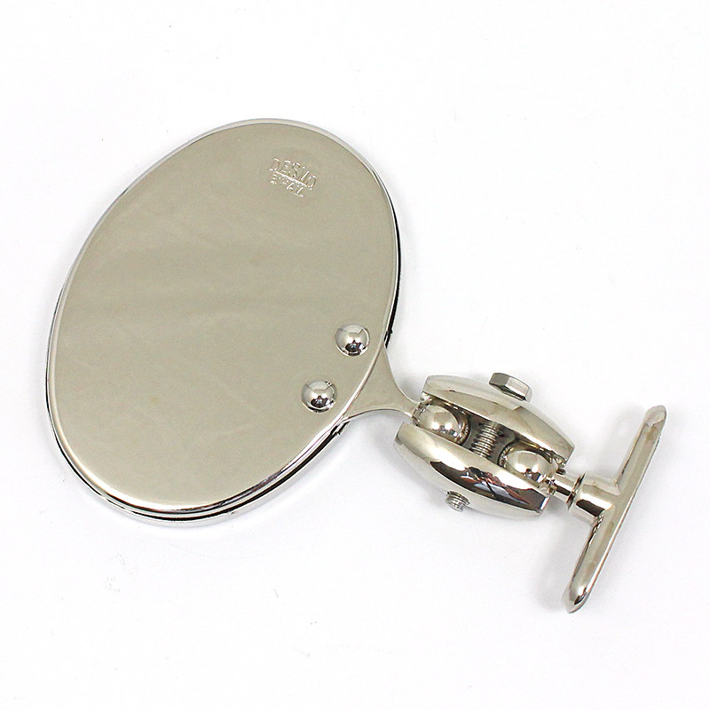 Oval rear view mirror - Long side mounted, stamped Desmo - Nickel plated