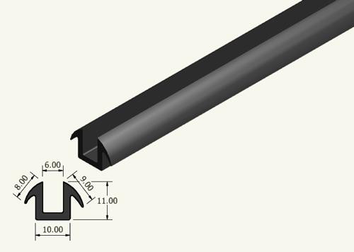 Rubber extrusion - U channel 11mm wide with tails, for 6mm glass