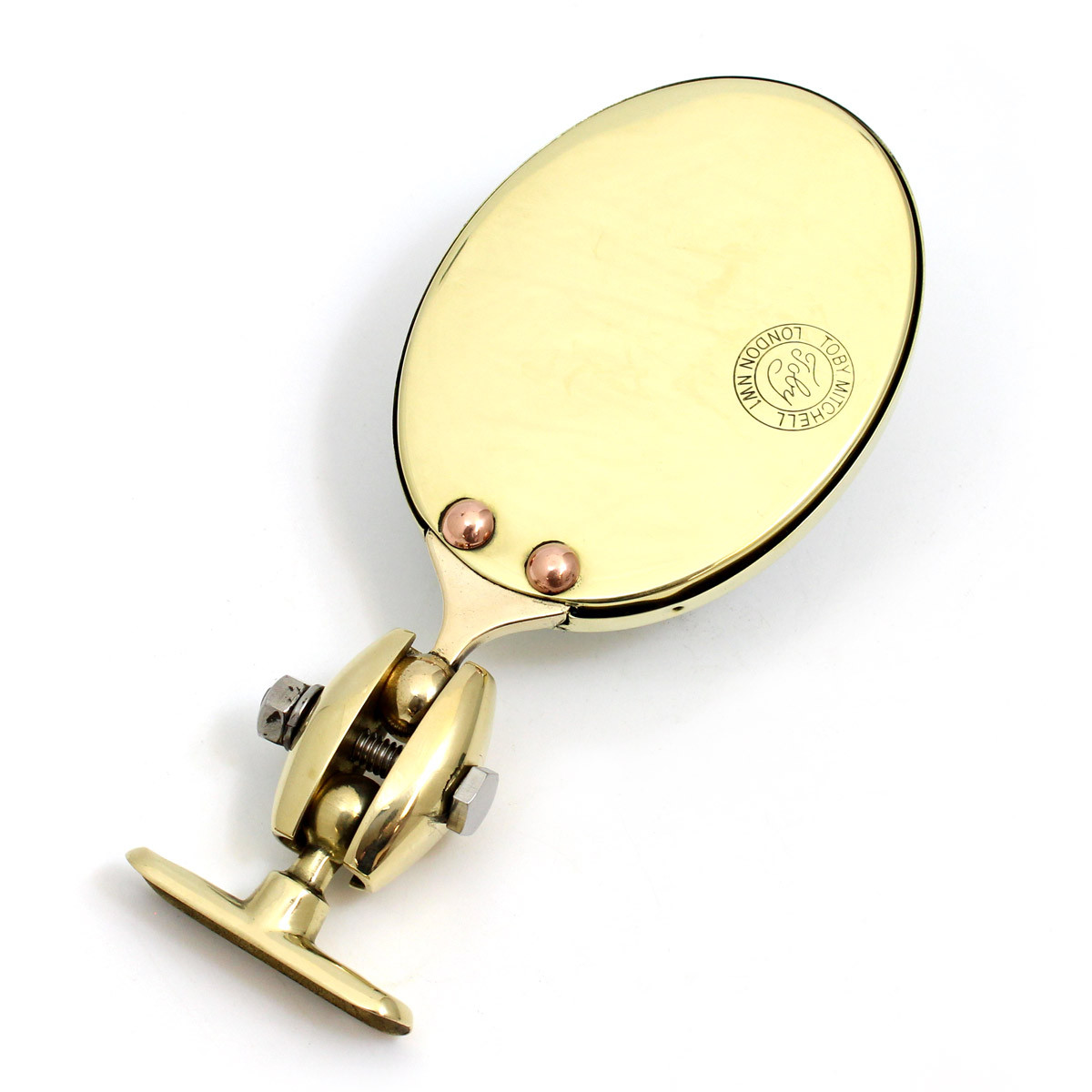 Oval rear view mirror - Equivalent to Desmo 263 model, stamped 'Toby' - Stamped oval mirror in polished brass finish