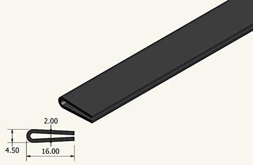 Rubber Edge trim protector, 16mm wide with 2mm slot
