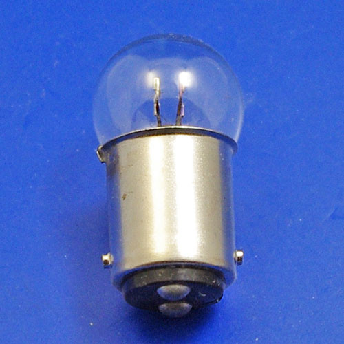 6 Volt small globe (19mm) double filament auto bulb - SBC BA15D equal pin base, 18/5 watt