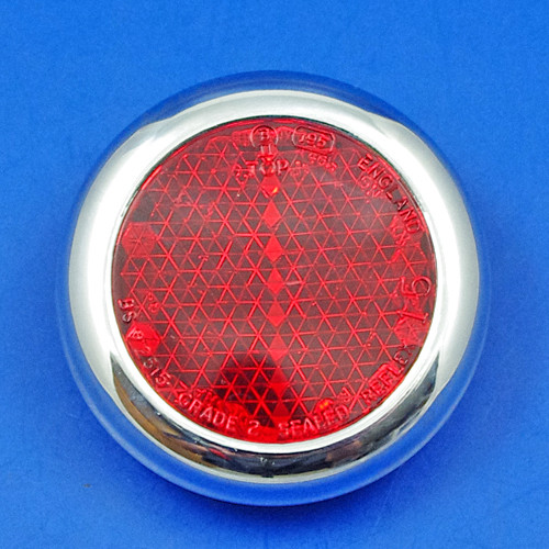 Round red reflector with deep plated surround - Lucas type RER25 - Chrome rim