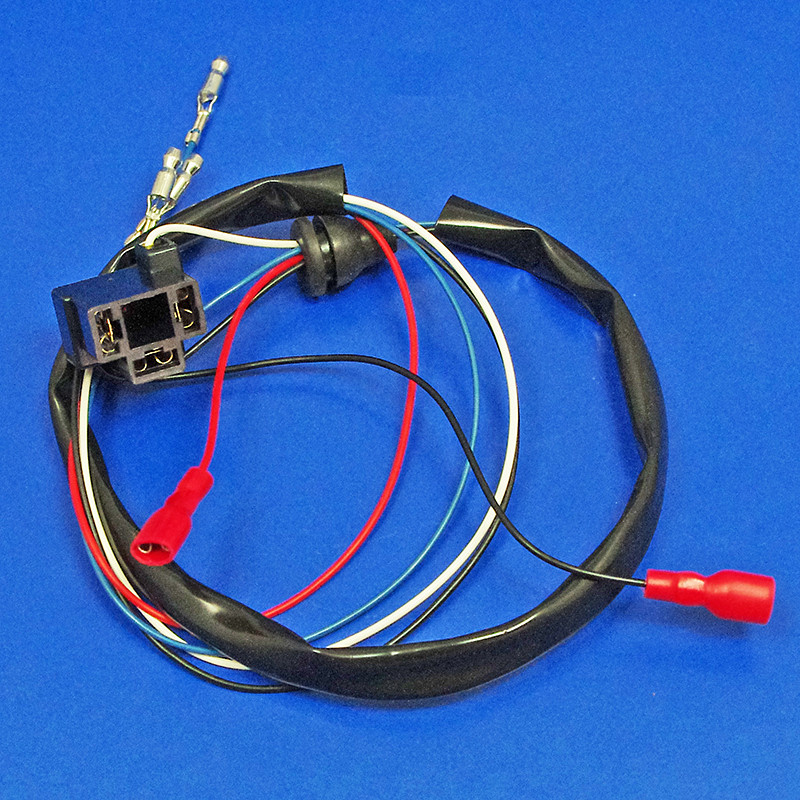 Headlamp wiring harness - H4 connector block, two female LUCAR (6.3mm spade) side light connections, wired terminals, sleeve and grommet