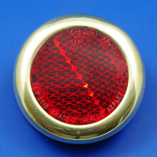 Round red reflector with deep plated surround - Lucas type RER25 - Brass rim