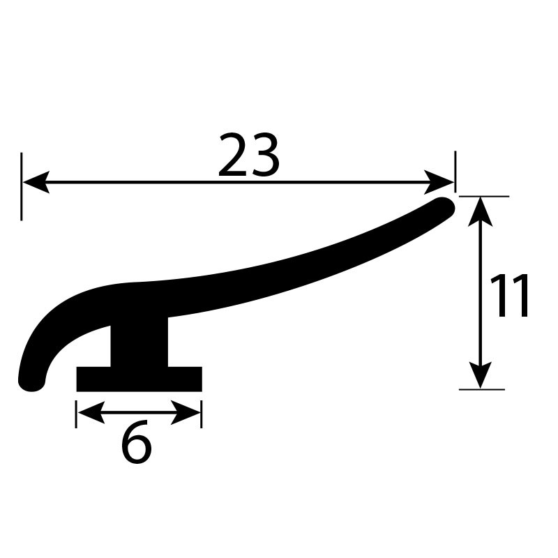 Rubber Quarterlight seal, 6mm base, 23mm overall